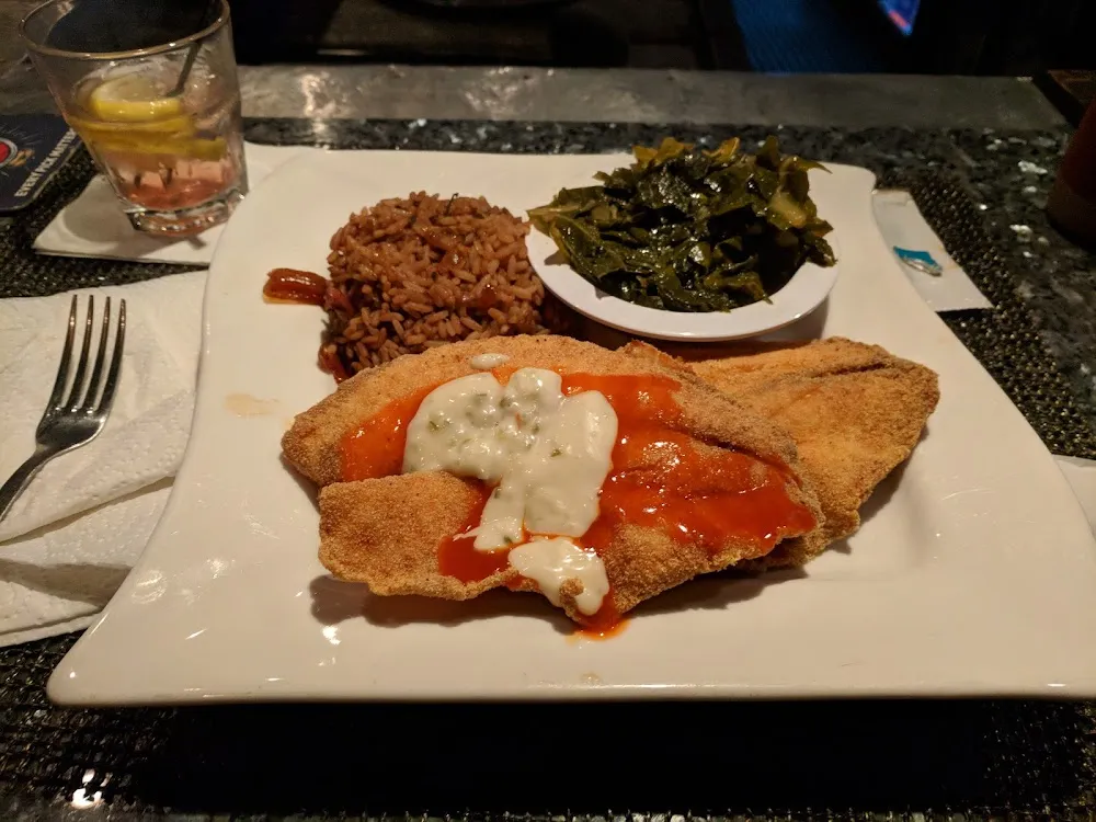 Fish with Rice and Peas and Collard Greens